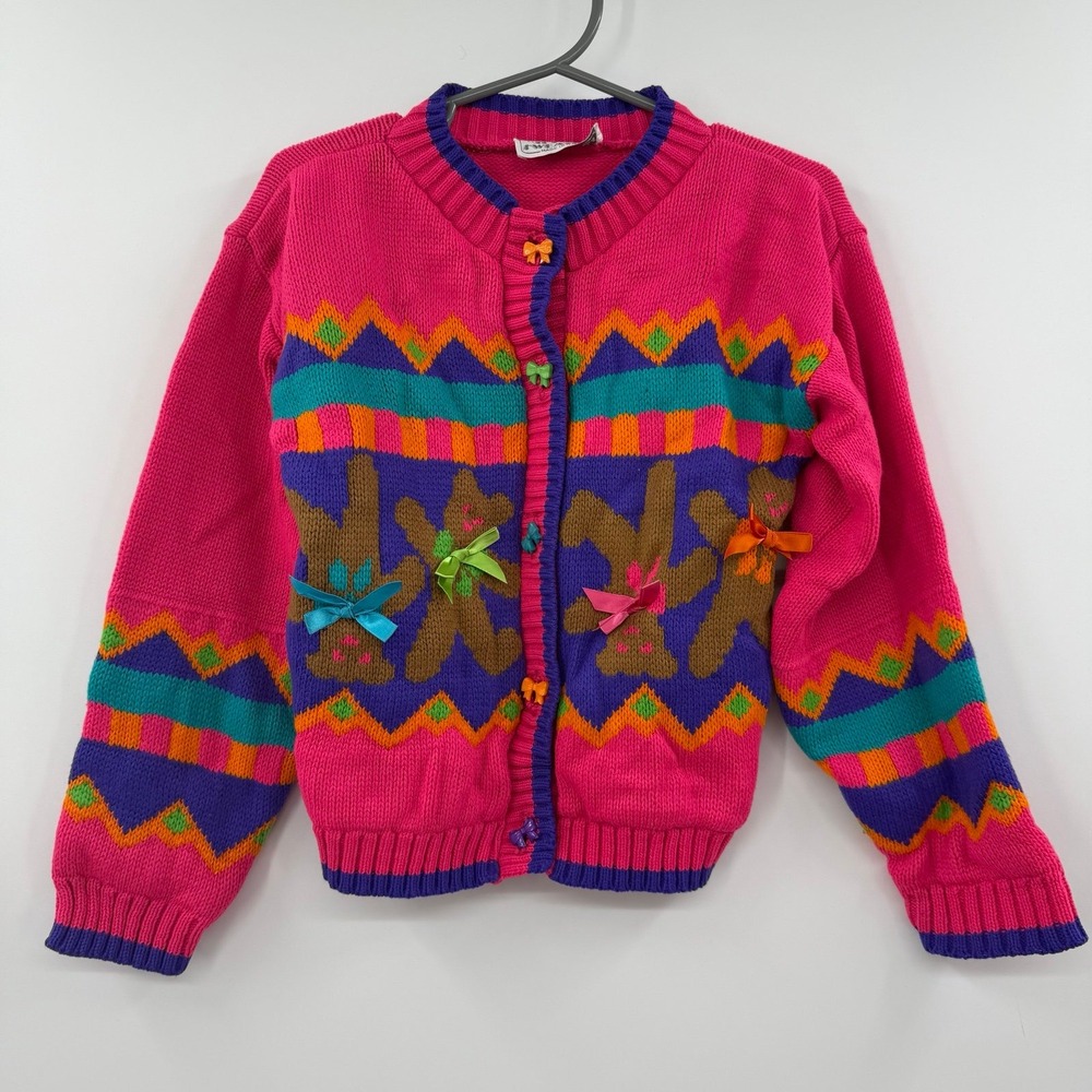 VINTAGE GIRLS‎ JET SET- Colorful Bears Sweater cardigan made in USA